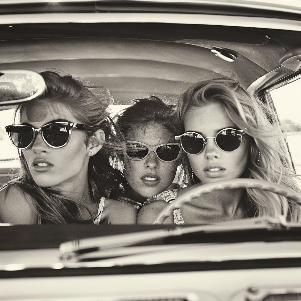 Three women wearing sunglasses in a vintage car